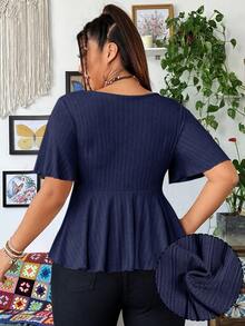 SHEIN MOOSTA Plus Size Women's V-Neck Ruffle Sleeve Ruffle Hem T-Shirt, Summer - Navy Blue - View 2