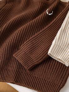 SHEIN 2pcs Young Boys' Brown & Khaki Textured Loose Fit Pullover Sweaters, Versatile For Back To School, Thanksgiving, Christmas, Winter, Cozy Fall & Winter Styles, Long Sleeve Tops - Apricot - View 6