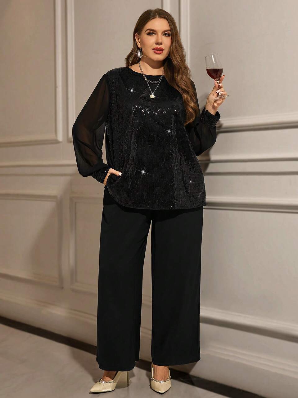 2pcs Plus Size Women Black Sequin Patchwork Blouse & Wide Leg Pants Set,Elegant Formal Autumn Dinner Evening Outfit For Party,Long Sleeve 2 Pieces