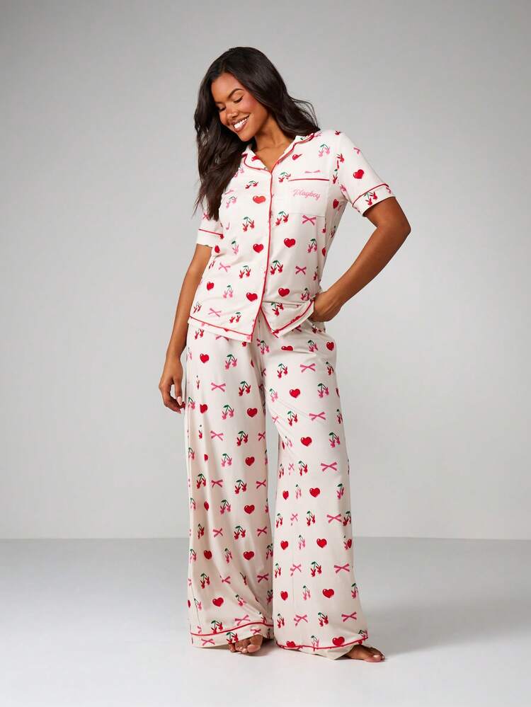 Missguided x Playboy Cherry Print Button Up Pajama Set With Hearts And Bows Long Sleeve Sleep Loungewear