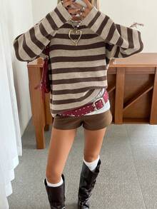 DAZY Suéter feminino casual de gola redonda com listras coloridas, ideal para outono/inverno. - Castanho - Ver 8