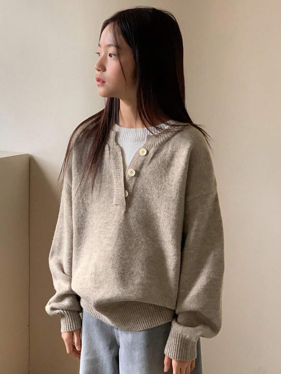 Dazy Kids Girls Slouchy Color Block Henley Neck Pullover Sweater, Soft & Cozy For Big Tween Girl, Fall - Apricot - View 1