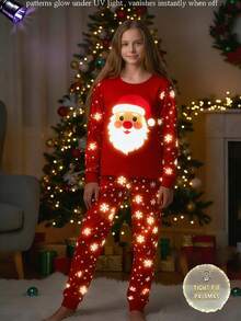 少女圣诞主题红色睡衣，圣诞老人印花搭配雪狐图案，夜光针织弹力长袖上衣和裤子两件套睡衣套装 - 紅色 - 查看 1
