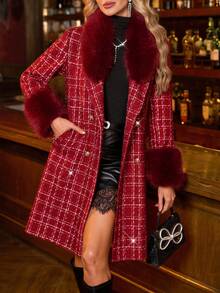 SHEIN Clasi 新年女士优雅格子大衣，饰有流苏边和双排扣，适合冬季穿着，圣诞节、新年、感恩节、派对、毕业典礼等场合，性感亮片红色格子大衣，优雅正式的亮片红色大衣 - 紅色 - 查看 2