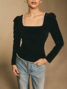 Poéselle Women's Velvet Square-Neck Long-Sleeve Top, Elegant Puff-Shoulder Top For Holiday & Evening, Faux Pearl Embellished Top, Velvet Black Square Neck Top, Holiday Going Out Top - Black - View 5