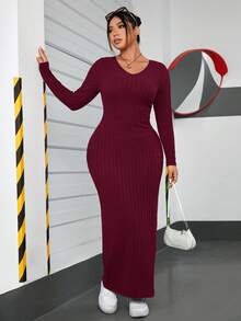 SHEIN EZwear Plus Solidna sukienka z dekoltem w serek, dopasowana do ciała, sukienka na randkę - Burgund - Zobacz 6