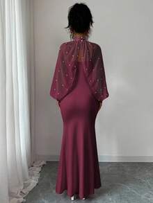 Elenzga New Elegant Mature Charm Evening Gown, Formal Dress, Dignified & Gentle, Dreamy Pink, Hand-Beaded Long Sleeve Top, Graceful Mermaid Hem Bodycon Slip Dress Set