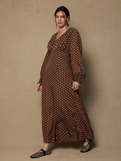 Freevana Plus Size Vintage Polka Dot Waist Cinched V-Neck Long Sleeve Elegant Dress, Suitable For Party And Vacation