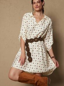 Freevana Plus Size Western Style Casual Vintage All-Over Print Dress - Beige - View 4