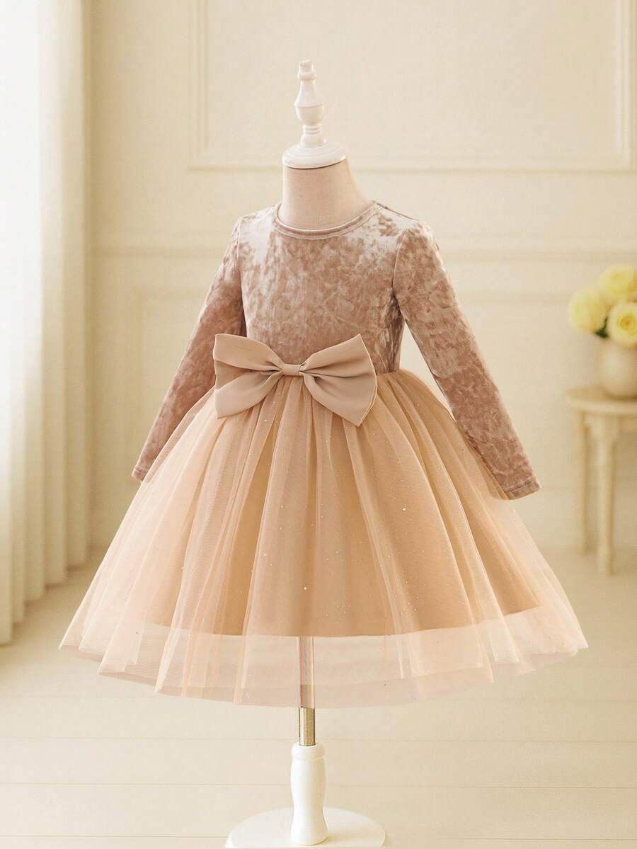 Glamorique Kids 年轻女孩优雅迷人可爱杏色天鹅绒长袖蝴蝶结紧身复古双层闪亮薄纱泡泡袖连衣裙