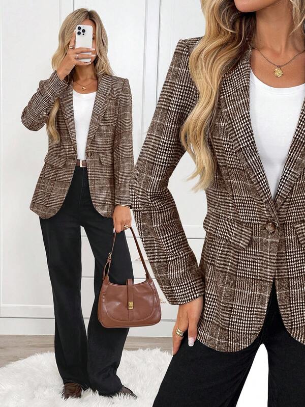 Easowa Women's Casual Plaid Lapel Long Sleeve Blazer Suit Jacket For Women Brown Blazer Women Business Casual Woman Set Office Outfits For Women Set Women Blazers