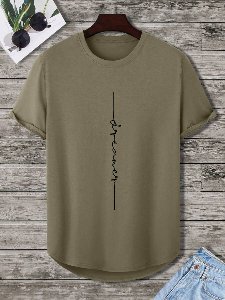 Manfinity Homme Men's Casual Daily Commute Letter Print Loose Short Sleeve T-Shirt, Summer - Army Green - View 1