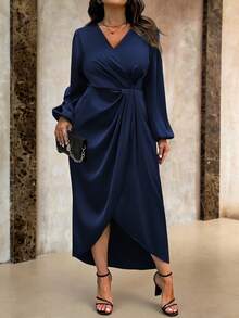 Roveilla Plus Size Solid V Neck Wrap Twist Long Sleeve Dress Maxi Women Outfit