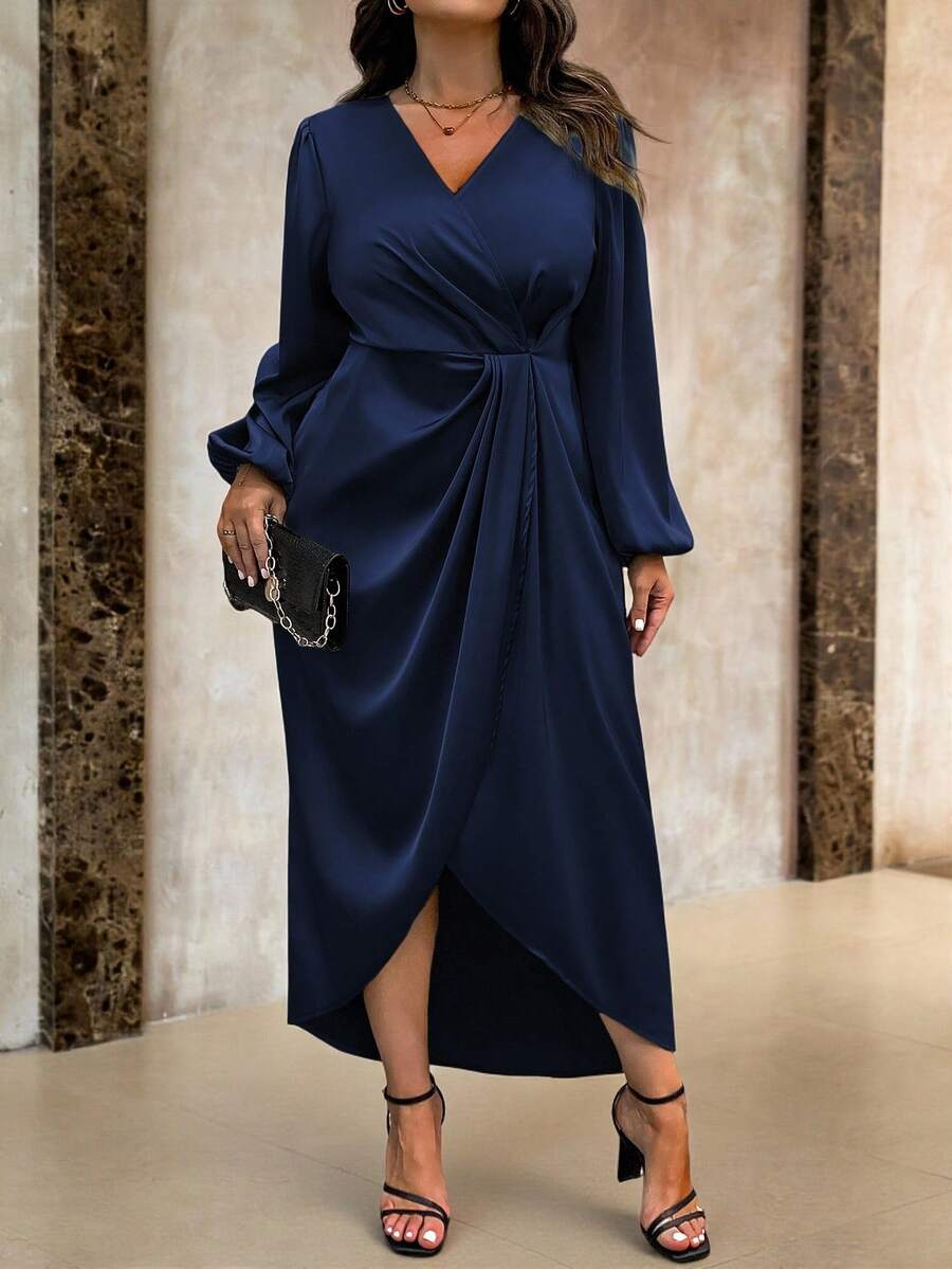 Roveilla Plus Size Solid V Neck Wrap Twist Long Sleeve Dress Maxi Women Outfit