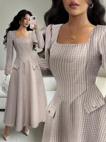 Elenzga Váy đi làm tay dài, cổ vuông, túi giả, nhiều màu, trang trí đinh tán, chắp vá, viền loe, mùa thu cho nữ - Cà phê nâu - Xem 1