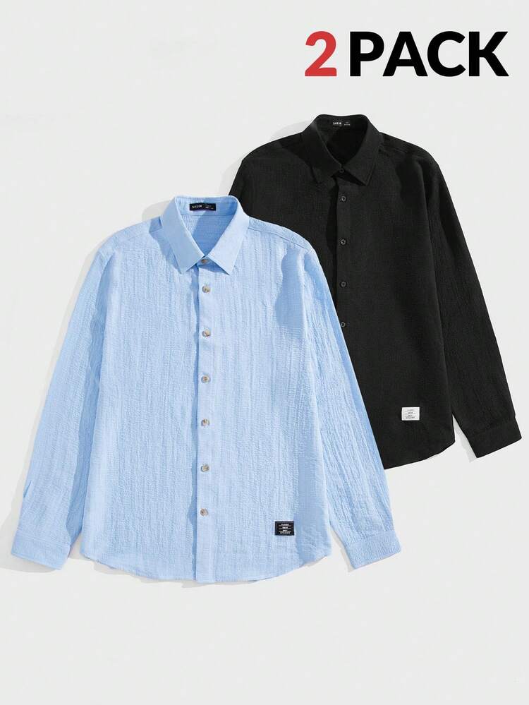 Men's Textured Front Button Long Sleeve Casual Woven Shirt, Autumn
