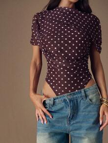 SHEIN BAE 棕色波点高领褶皱优雅连体衣，适合鸡尾酒会、浪漫约会、秋冬季内搭、聚会、派对、正式活动、万圣节、圣诞节等场合。 - 棕色 - 查看 5