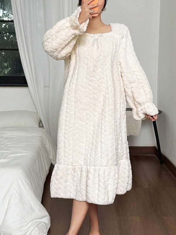 Snug Zone Plus Size Women Cozy Jacquard Square Neck Bow Decor Ruffle Hem Long Sleeve Fluffy Nightgown, Autumn/Winter, Moo Moo Night Dress