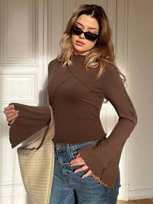 Siren Gaze Women's Solid Color Pleated Ruffle Trim Long Sleeve Casual Blouse Winter Brown Spring - Coffee Brown - View 3