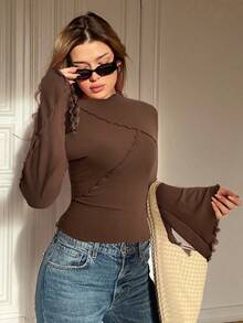 Siren Gaze Women's Solid Color Pleated Ruffle Trim Long Sleeve Casual Blouse Winter Brown Spring - Coffee Brown - View 5