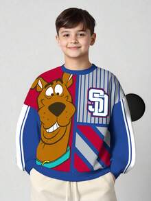 SCOOBY-DOO X SHEIN 青少年男孩条纹卡通图案圆领长袖套头衫 - 白色 - 查看 1