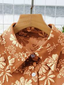 SHEIN Unity Kemeja Wanita Lengan Panjang Berkerah Bahan Jacquard Cokelat Karat Kasual untuk Perjalanan Sehari-hari Modis Elegan Bergaya Retro - Rust Brown - View 5