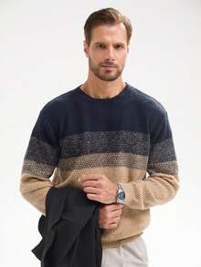 Manfinity Homme 男士撞色圆领长袖休闲宽松针织毛衣，秋冬 - 彩色 - 查看 3