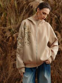 Arave Women's Cotton Loose Fit Hand-Stitched Placket Zipper Hooded Design Daily Casual Sweatshirt   Winter Clothes For Women Khaki Sweatshirt - Khaki - View 6