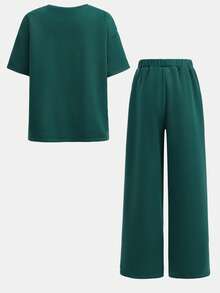 Girlism Áo thun và quần legging dệt kim co giãn thêu hình ngựa con dành cho bé gái tuổi teen, trang phục thường ngày 2 món - Màu xanh lá cây đậm - Xem 2