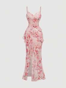 SHEIN MOD 荷叶边下摆开衩拼布印花修身连衣裙 - 彩色 - 查看 5