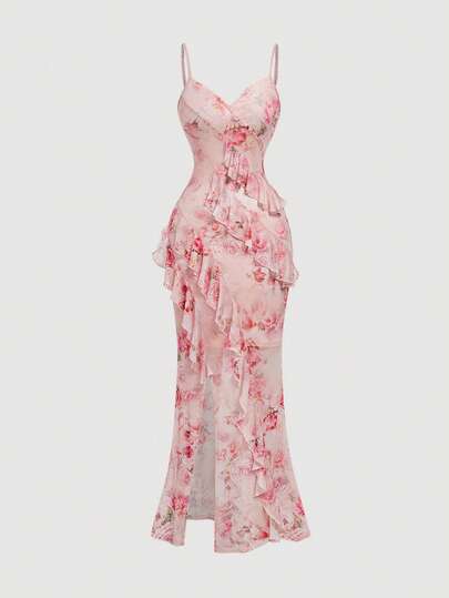 SHEIN MOD Ruffle Hem Slit Patchwork Print ชุดเดรสเข้ารูป