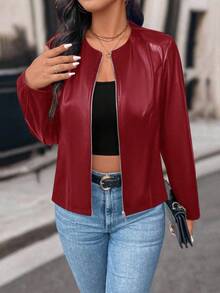 SHEIN PETITE Petite Women Casual Street Style Cropped PU Leather Jacket - Red - View 3