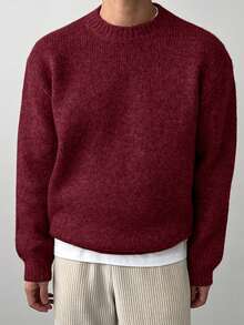 DAZY 男士纯色酒红色圆领毛衣，秋季 - 紅色 - 查看 3