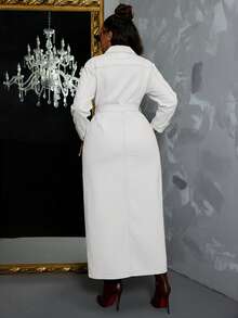 Slaydiva Plus Size Fashionable Commuter Solid Color Front Button Denim Dress - White - View 2