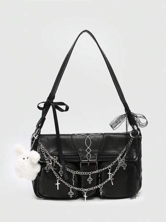 Kawaii Women's Vintage Distressed Ombre Camouflage Cross & Heart Pendant Decor Bowknot Strap Shoulder Tote Bag, Large Capacity One Shoulder Bag With Multiple Pockets