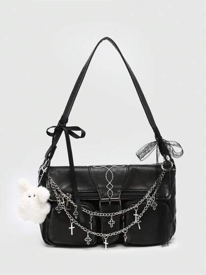 Kawaii حقيبة كتف نسائية كبيرة السعة مع جيوب متعددة، ذات ستراب بشريط عقدة مزين بصليب وقلب بطبعة كاموفلاج ذات لون أومبير مشتت، بتصميم فينتاج مهترئ