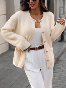 Pariaura Casual Solid Color Cardigan With Dual Pockets, Autumn/Winter Knitted Cardigan For Women Women Sweaters Winter Clothes For Women Sweaters Classic Clothes For Women Neutral Clothes For Women Summer Cardigan For Women - Apricot - View 5