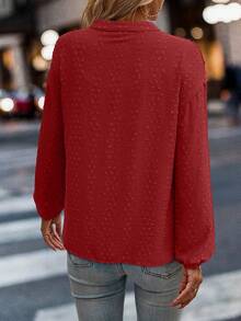 SHEIN LUNE 女式纽扣前长袖拼布衬衫，休闲日常女式衬衫 - 紅色 - 查看 2