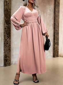 Roveilla Đầm Maxi xẻ tà xếp ly cao cỡ lớn cho nữ - Bụi hồng - Xem 7