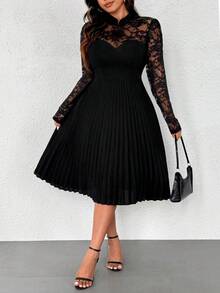 Vionelle 优雅浪漫蕾丝褶皱长袖加大码连衣裙