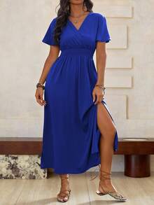 Roveilla Plus Size V-Neck Belted Wrap Dress Maxi Women Outfit - Royal Blue - View 3