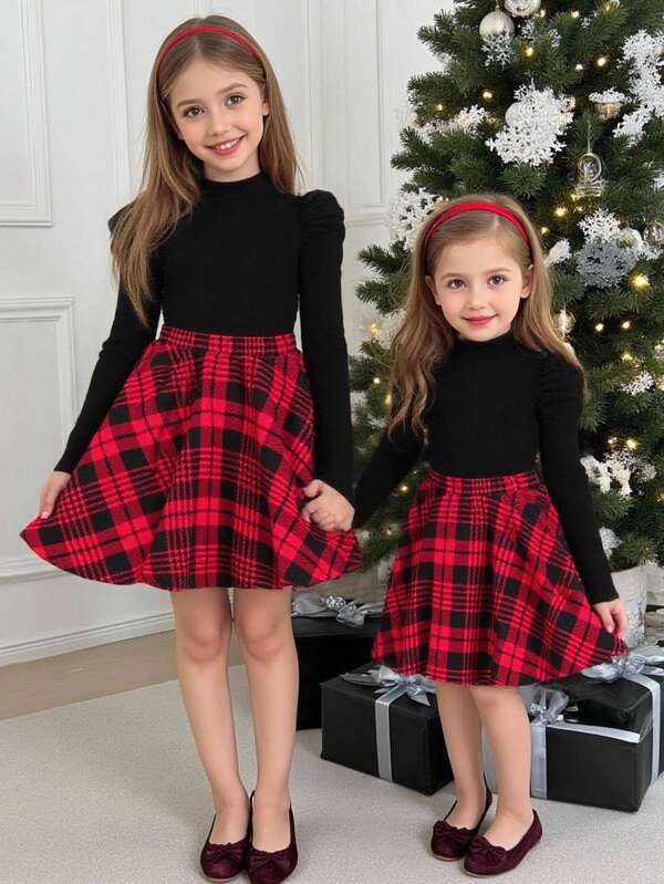 Serisse Kids Conjunto de dos piezas casual y elegante para niña preadolescente con blusa de manga abullonada de cuello alto y falda a cuadros rojos, estilo lindo, casual, vintage y colegial, perfecto para uso diario y escolar en otoño e invierno, ideal para Navidad y atuendo de hermanas