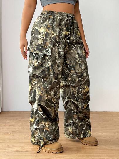 SHEIN EZwear Branch Print Casual Plus Size Women's Cargo Wide Leg Pants