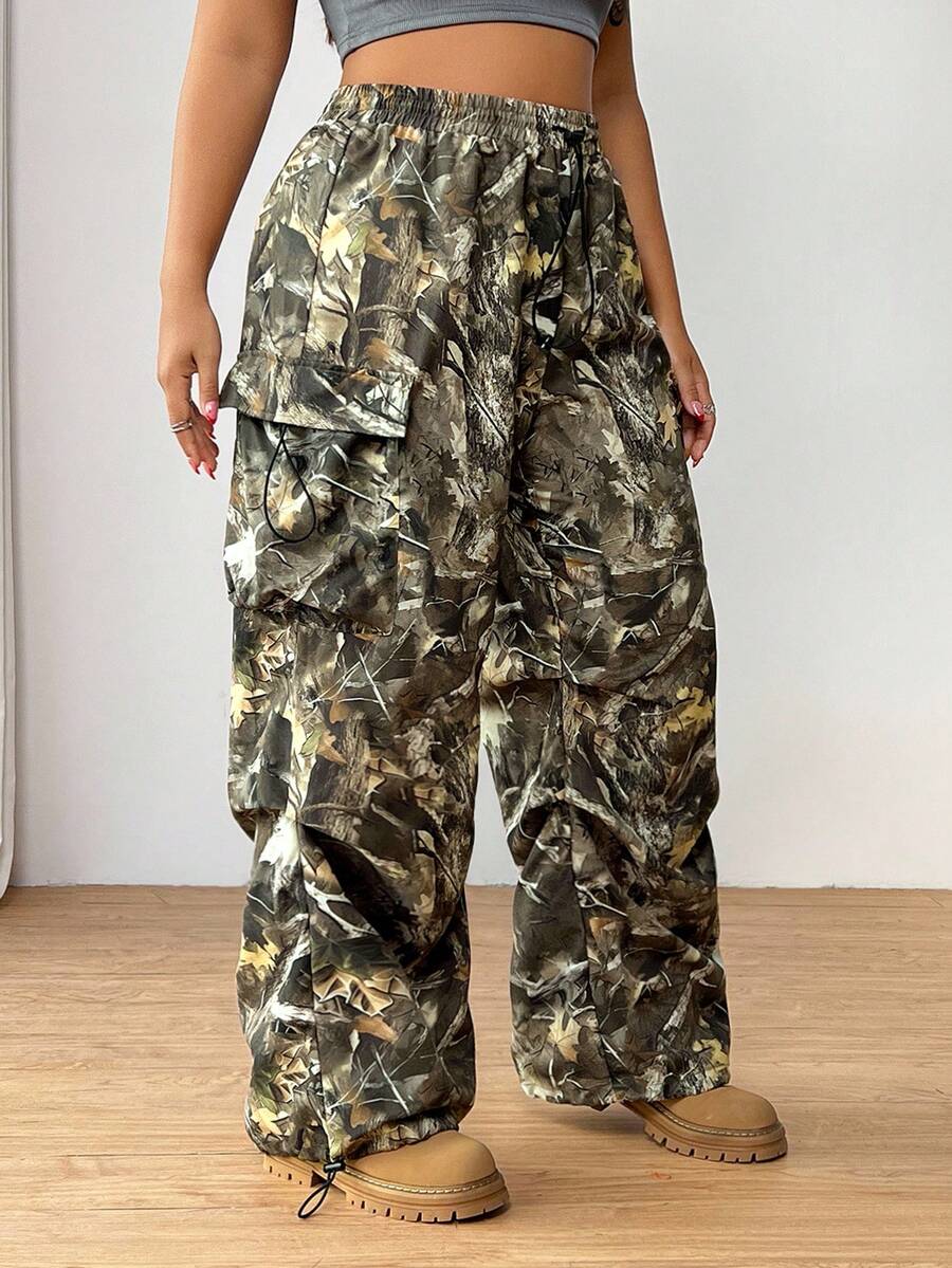 SHEIN EZwear 枝形印花休闲大码女式工装阔腿裤 - 彩色 - 查看 1