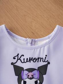 HELLO KITTY AND FRIENDS | SHEIN 年轻女孩可爱卡通图案撞色网眼荷叶边泡泡袖甜美连衣裙 - 紫色 - 查看 5