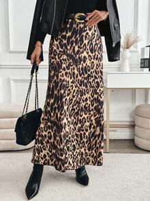 SHEIN PETITE French-Style Casual Versatile Midi Skirt, Autumn And Winter Women's High-Waisted Leopard Print Midi Skirt, Fashionable Women's Midi Skirt, Women's Autumn Clothing, Women's Midi Skirt - Multicolor - View 1