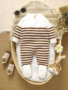 SHEIN 1pc Newborn Striped Crew Neck Long Sleeve Romper, Casual & Minimalist Design - Coffee Brown - View 2