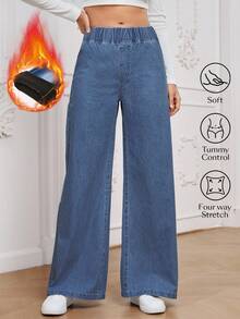 SHEIN Unity Damen Jeans in Große Größen mit elastischem Bund, weitem Bein und lockerer Passform - Blau - Übersicht 1