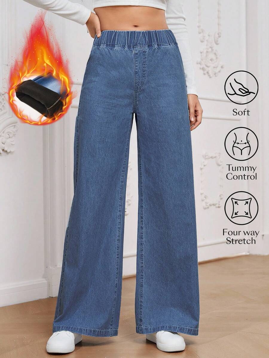 SHEIN Unity Damen Jeans in Große Größen mit elastischem Bund, weitem Bein und lockerer Passform - Blau - Übersicht 1