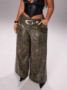 Rustia Party Fall Autumn And Winter Plus Size Retro Punk Style PU Wide Leg Pants - Brown - View 8